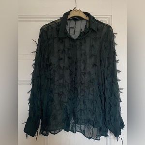 ZARA sheer hunter green blouse with textured tassels long sleeves size LARGE